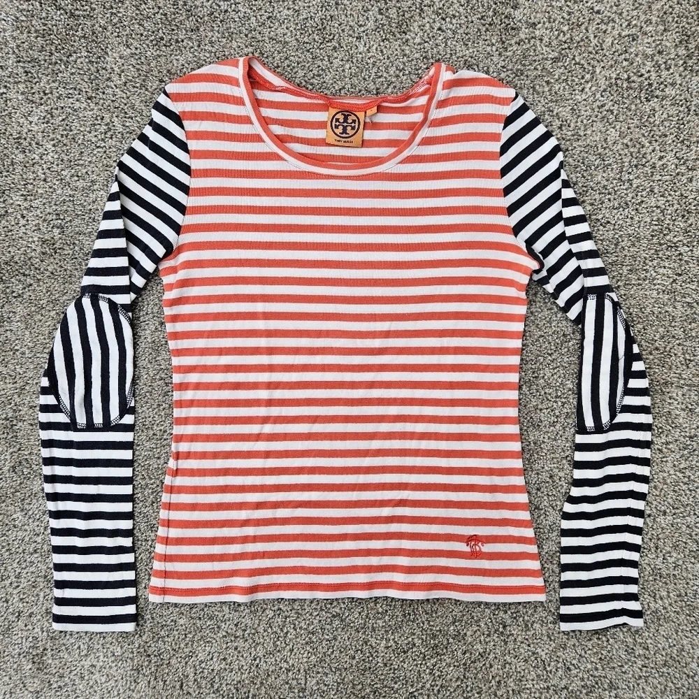 Tory Burch Multi Color Striped Long Sleeve Tee Shirt Peach White Navy Blue Small